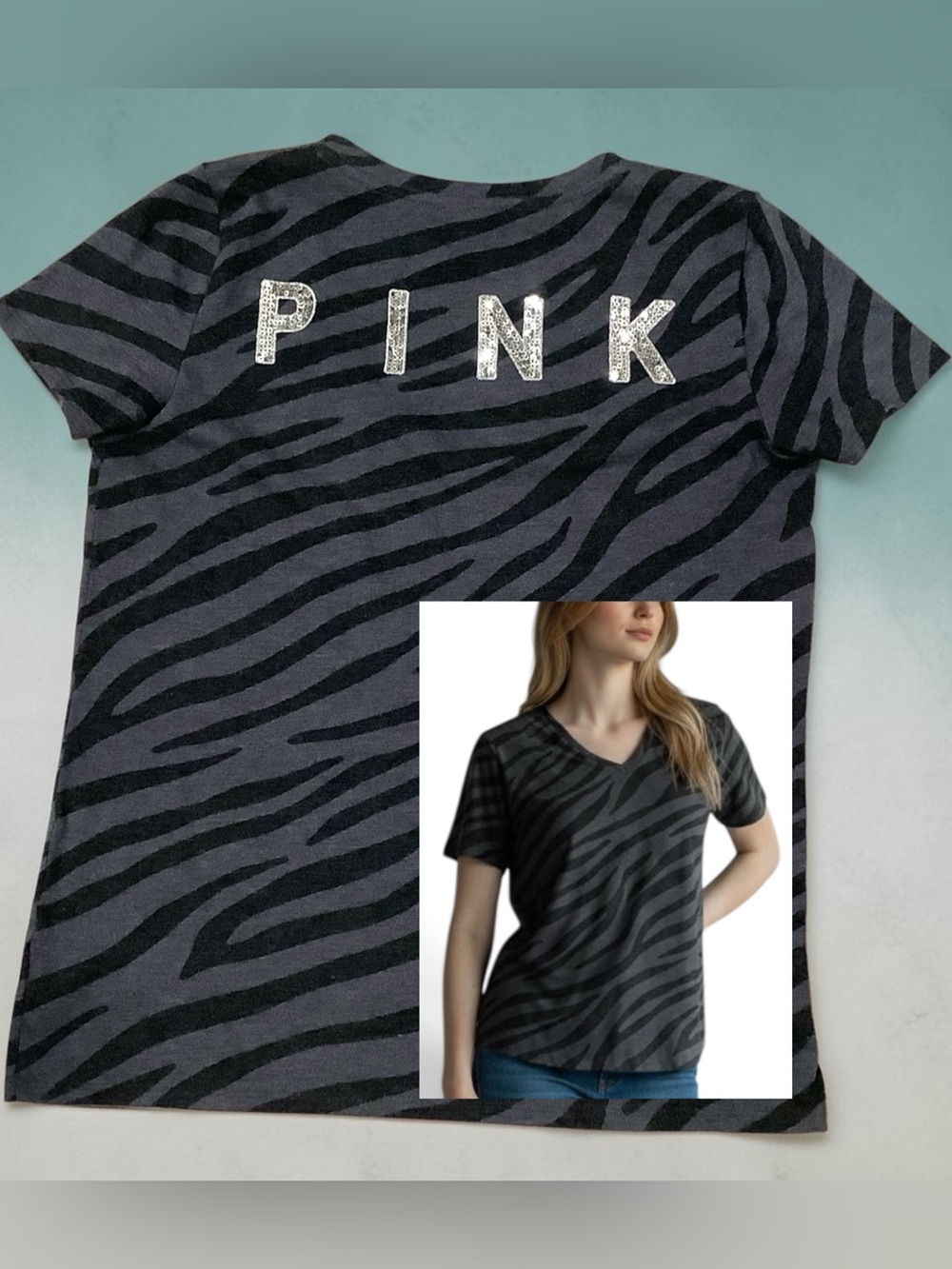 PINK Victoria's Secret Blue Gray Zebra V-Neck Tee with Sequined Logo. Sz. S